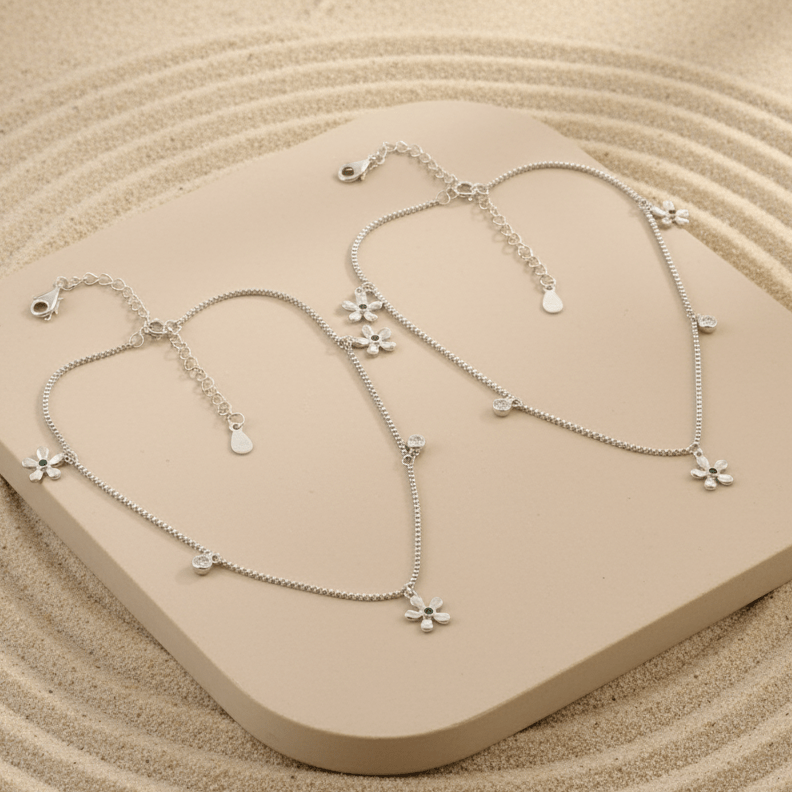 Silver Floral Charm Anklet | Dainty Flower Anklet | Adjustable Sterling Silver Jewelry - Zirak Silver