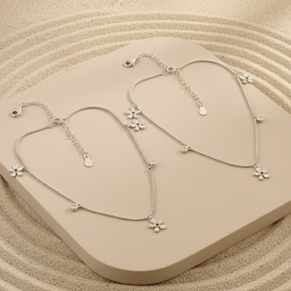 Silver Floral Charm Anklet | Dainty Flower Anklet | Adjustable Sterling Silver Jewelry - Zirak Silver