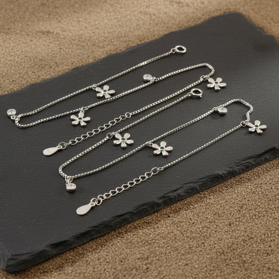 Silver Floral Charm Anklet | Dainty Flower Anklet | Adjustable Sterling Silver Jewelry - Zirak Silver