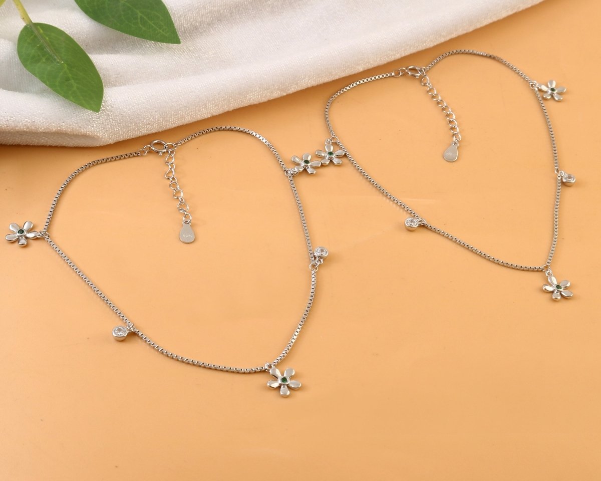 Silver Floral Charm Anklet | Dainty Flower Anklet | Adjustable Sterling Silver Jewelry - Zirak Silver