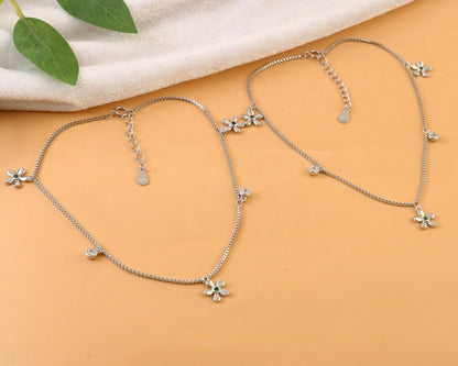 Silver Floral Charm Anklet | Dainty Flower Anklet | Adjustable Sterling Silver Jewelry - Zirak Silver