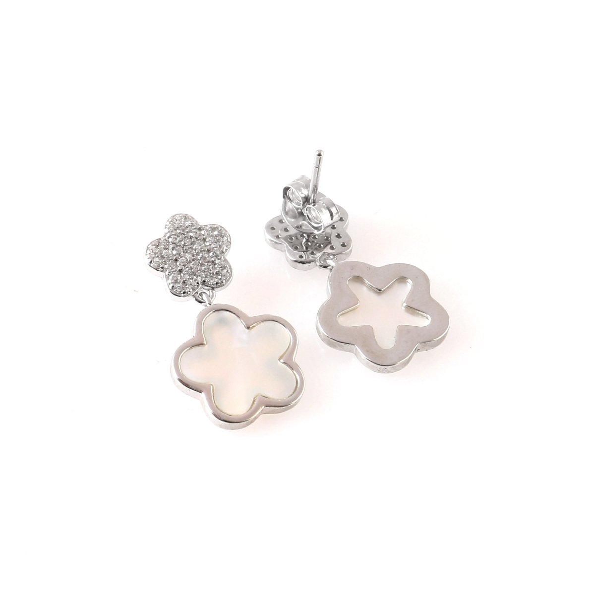 Silver Floral Drop Earrings – Mother of Pearl Inlay & CZ Studs | 925 Sterling Silver Flower Earrings - Zirak Silver