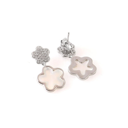 Silver Floral Drop Earrings – Mother of Pearl Inlay & CZ Studs | 925 Sterling Silver Flower Earrings - Zirak Silver