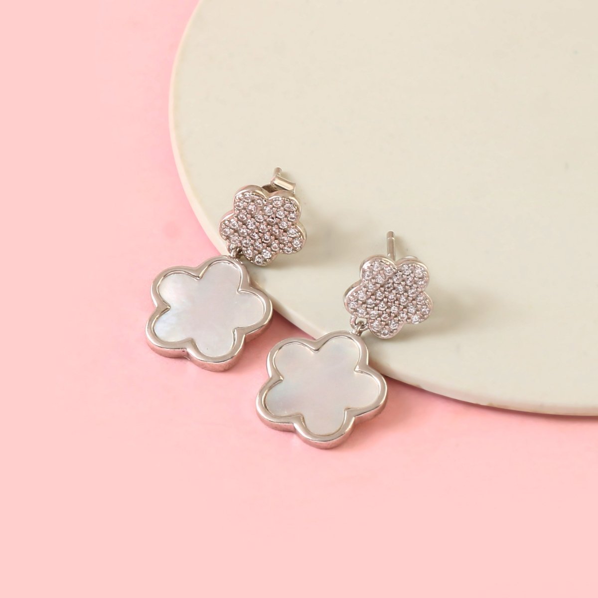 Silver Floral Drop Earrings – Mother of Pearl Inlay & CZ Studs | 925 Sterling Silver Flower Earrings - Zirak Silver