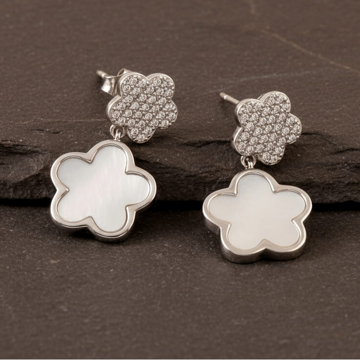 Silver Floral Drop Earrings – Mother of Pearl Inlay & CZ Studs | 925 Sterling Silver Flower Earrings - Zirak Silver