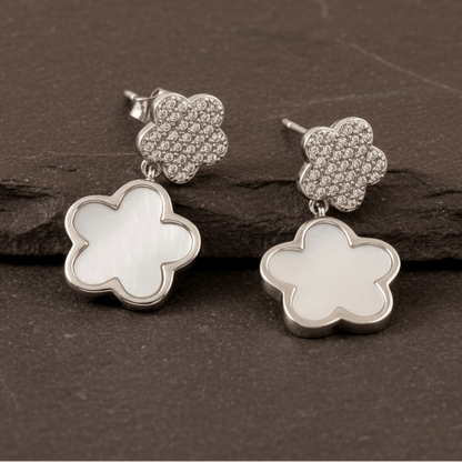 Silver Floral Drop Earrings – Mother of Pearl Inlay & CZ Studs | 925 Sterling Silver Flower Earrings - Zirak Silver