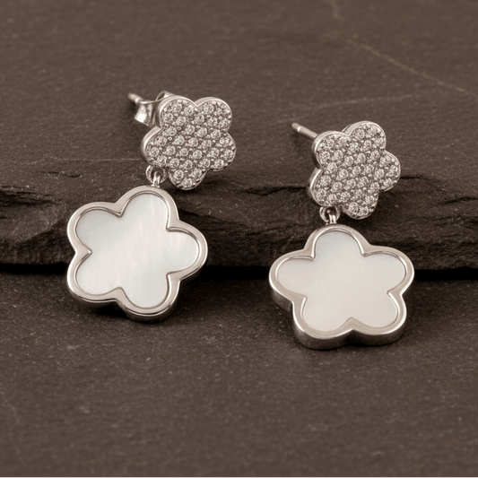 Silver Floral Drop Earrings – Mother of Pearl Inlay & CZ Studs | 925 Sterling Silver Flower Earrings - Zirak Silver