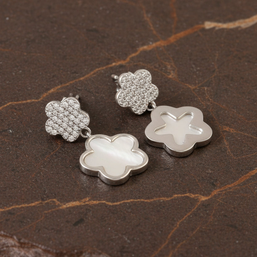 Silver Floral Drop Earrings – Mother of Pearl Inlay & CZ Studs | 925 Sterling Silver Flower Earrings - Zirak Silver
