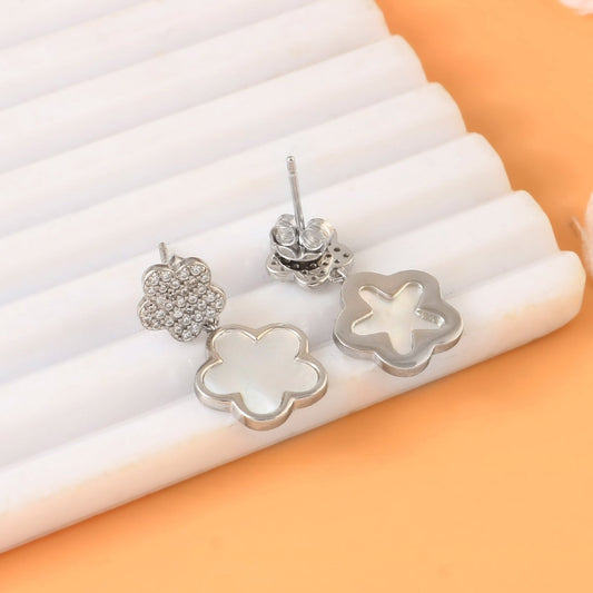 Silver Floral Drop Earrings – Mother of Pearl Inlay & CZ Studs | 925 Sterling Silver Flower Earrings - Zirak Silver