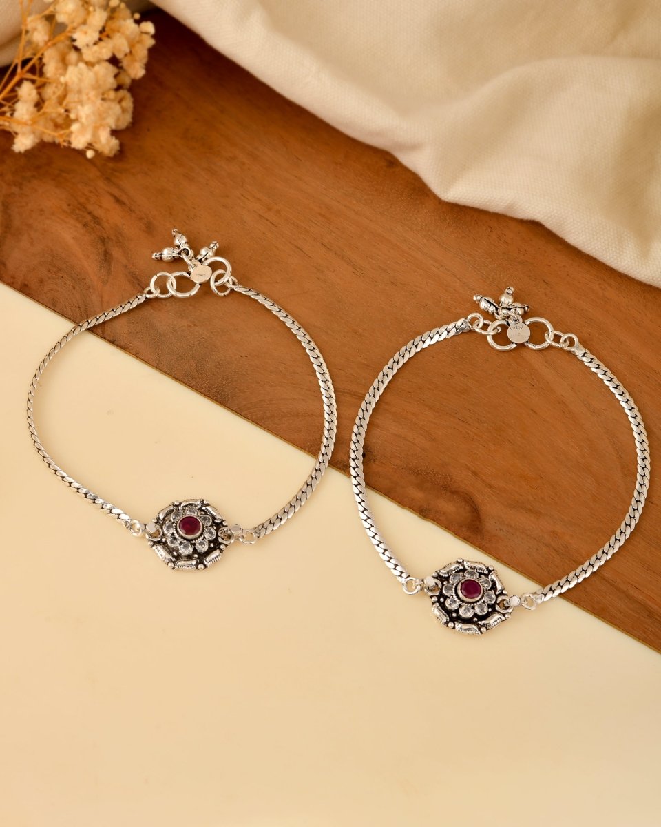 Silver Floral Ruby Stone Anklet - Zirak Silver