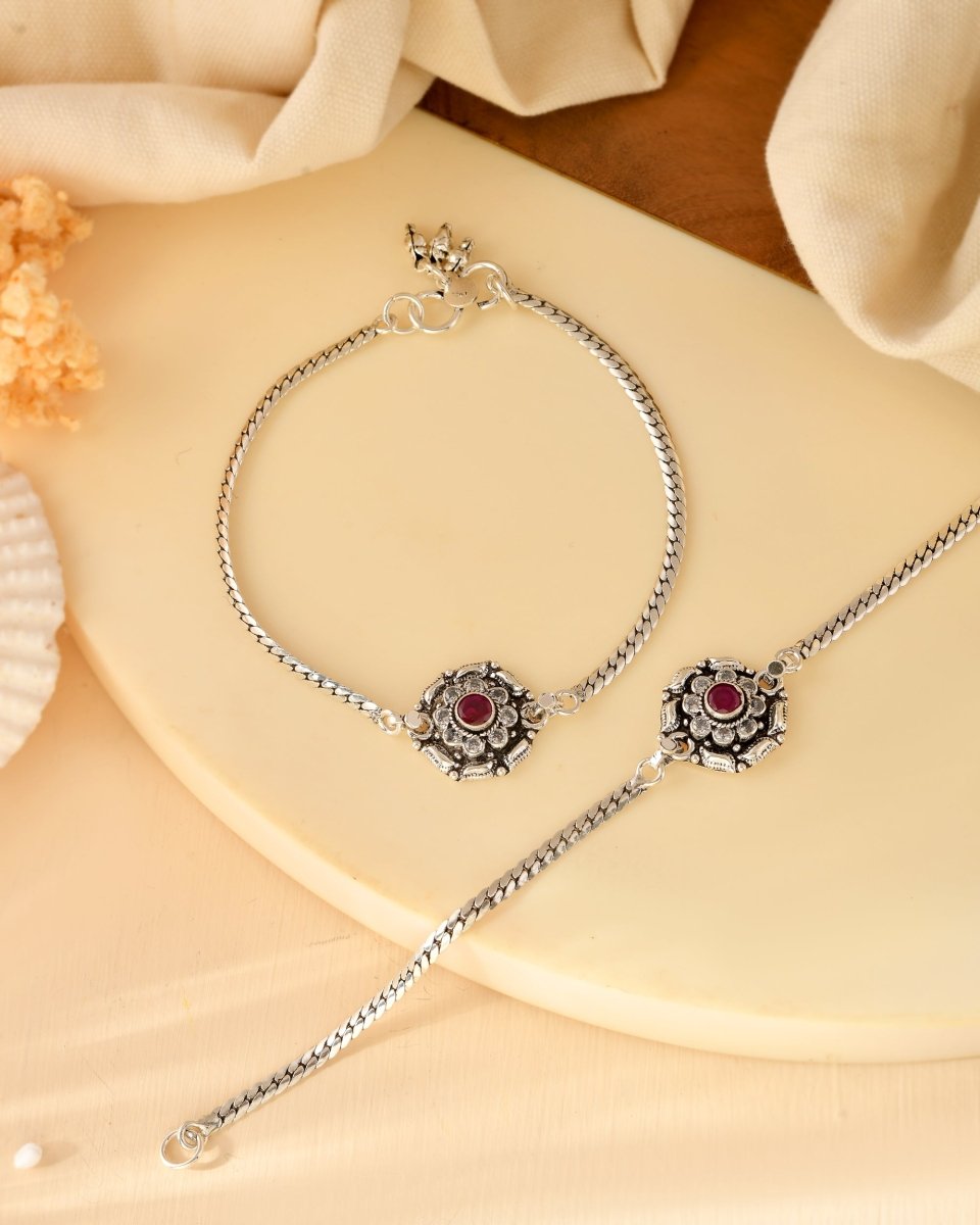Silver Floral Ruby Stone Anklet - Zirak Silver