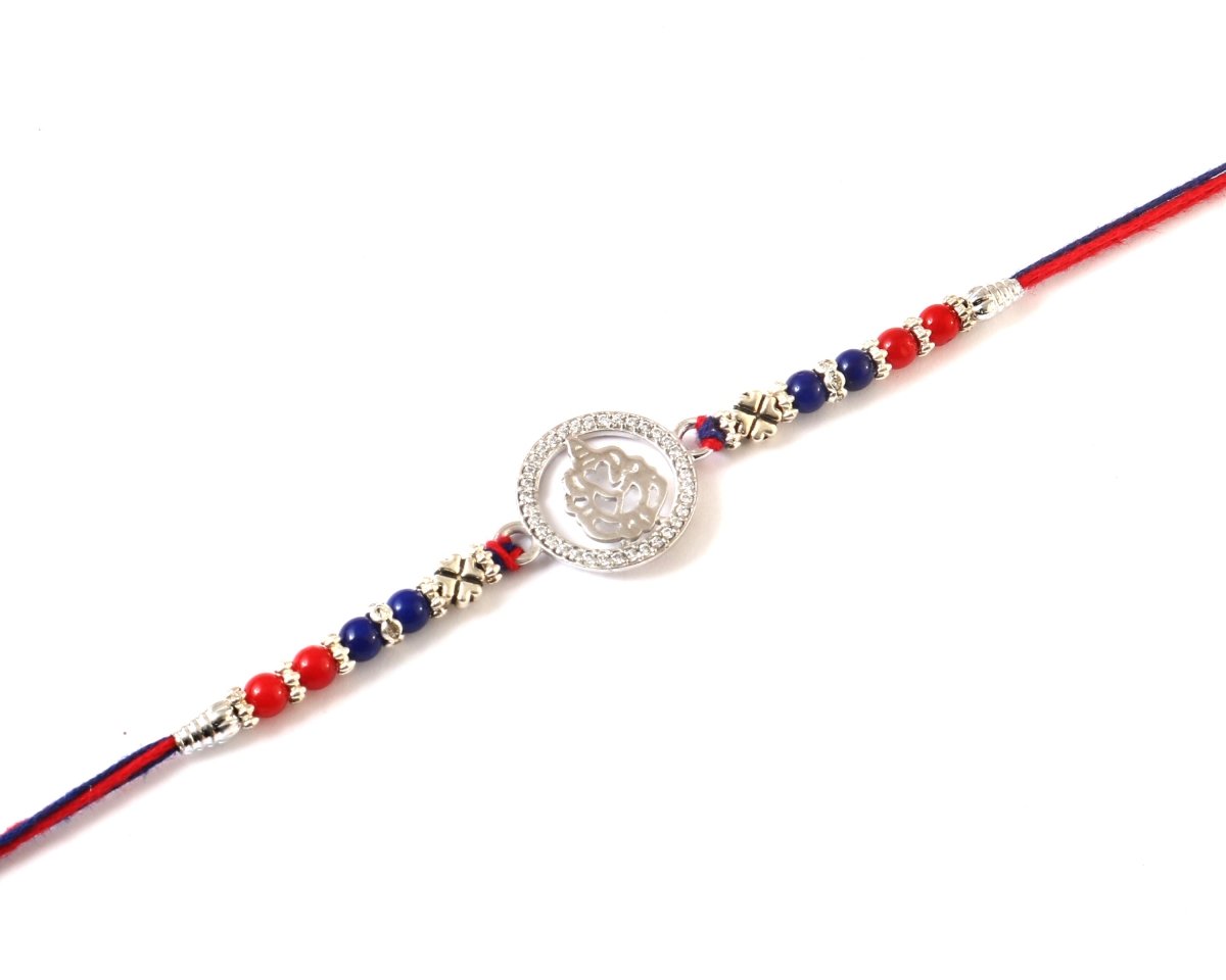 Silver Ganesh Ji Rakhi | Religious Rakhi with CZ Studded Frame | Raksha Bandhan Gift - Zirak Silver