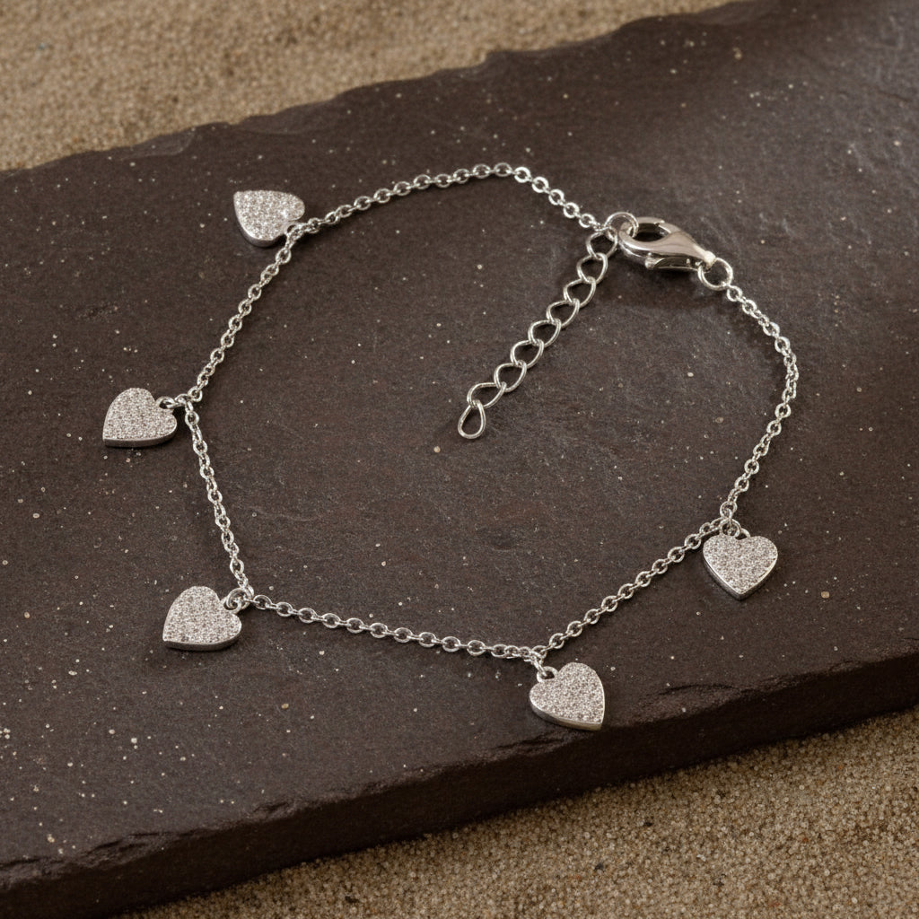 Silver Heart Charm Bracelet with CZ Stones – Dainty Adjustable Chain Bracelet for Women - Zirak Silver