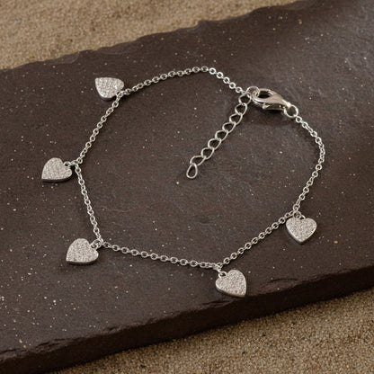 Silver Heart Charm Bracelet with CZ Stones – Dainty Adjustable Chain Bracelet for Women - Zirak Silver