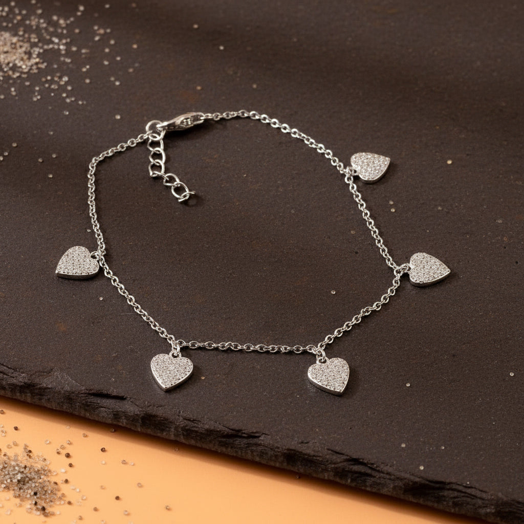 Silver Heart Charm Bracelet with CZ Stones – Dainty Adjustable Chain Bracelet for Women - Zirak Silver