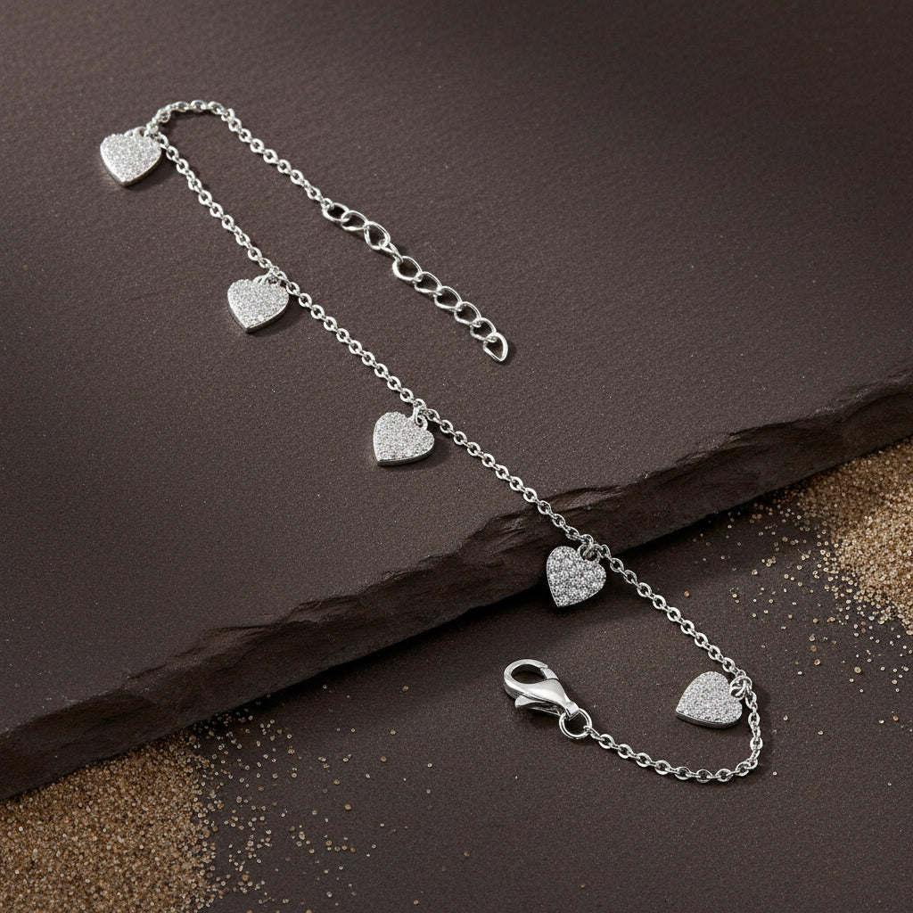 Silver Heart Charm Bracelet with CZ Stones – Dainty Adjustable Chain Bracelet for Women - Zirak Silver