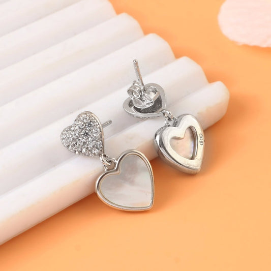 Silver Heart Drop Earrings – Mother of Pearl Inlay & CZ Studs | 925 Sterling Silver Romantic Jewelry - Zirak Silver