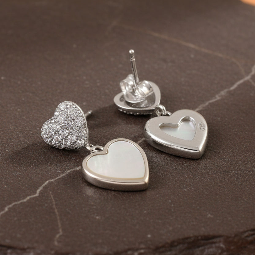 Silver Heart Drop Earrings – Mother of Pearl Inlay & CZ Studs | 925 Sterling Silver Romantic Jewelry - Zirak Silver