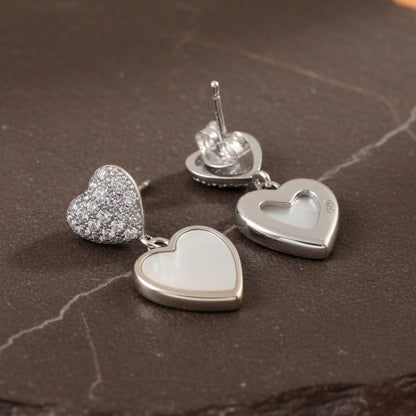 Silver Heart Drop Earrings – Mother of Pearl Inlay & CZ Studs | 925 Sterling Silver Romantic Jewelry - Zirak Silver