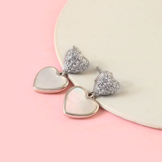 Silver Heart Drop Earrings – Mother of Pearl Inlay & CZ Studs | 925 Sterling Silver Romantic Jewelry - Zirak Silver
