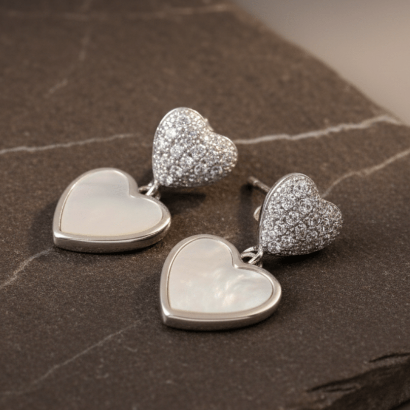 Silver Heart Drop Earrings – Mother of Pearl Inlay & CZ Studs | 925 Sterling Silver Romantic Jewelry - Zirak Silver