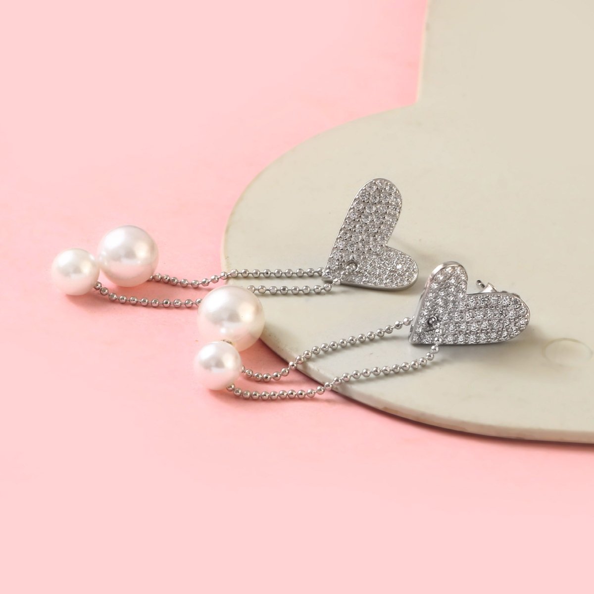 Silver Heart & Pearl Drop Earrings – Pavé CZ Studs with Dual Pearl Chains for Women - Zirak Silver