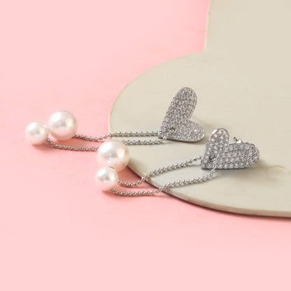Silver Heart & Pearl Drop Earrings – Pavé CZ Studs with Dual Pearl Chains for Women - Zirak Silver