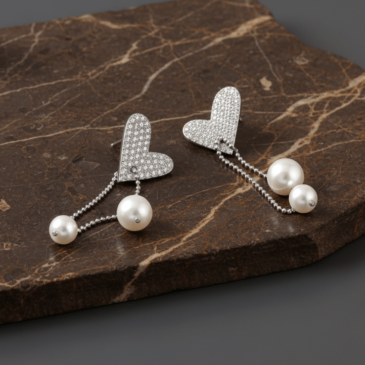 Silver Heart & Pearl Drop Earrings – Pavé CZ Studs with Dual Pearl Chains for Women - Zirak Silver