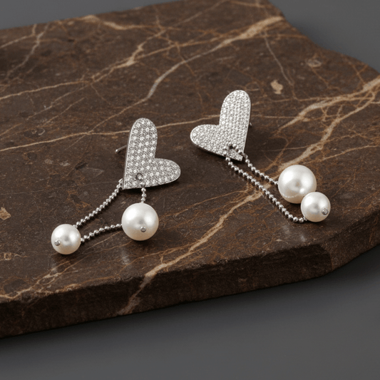 Silver Heart & Pearl Drop Earrings – Pavé CZ Studs with Dual Pearl Chains for Women - Zirak Silver
