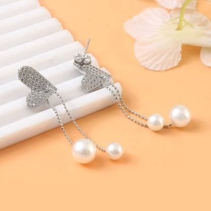 Silver Heart & Pearl Drop Earrings – Pavé CZ Studs with Dual Pearl Chains for Women - Zirak Silver