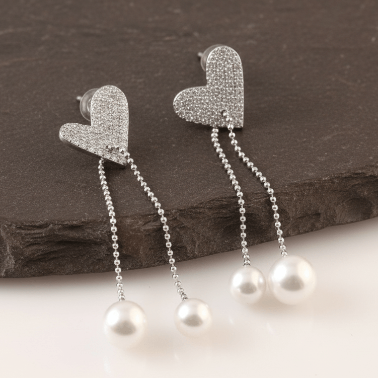 Silver Heart & Pearl Drop Earrings – Pavé CZ Studs with Dual Pearl Chains for Women - Zirak Silver