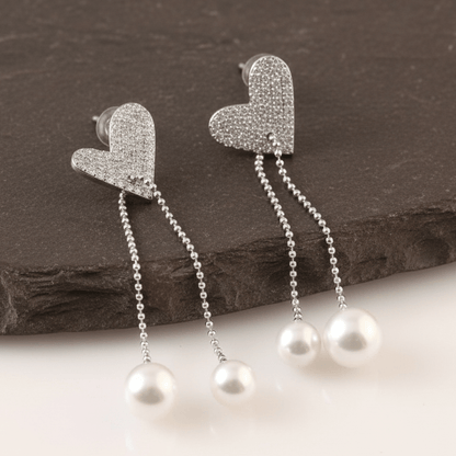 Silver Heart & Pearl Drop Earrings – Pavé CZ Studs with Dual Pearl Chains for Women - Zirak Silver
