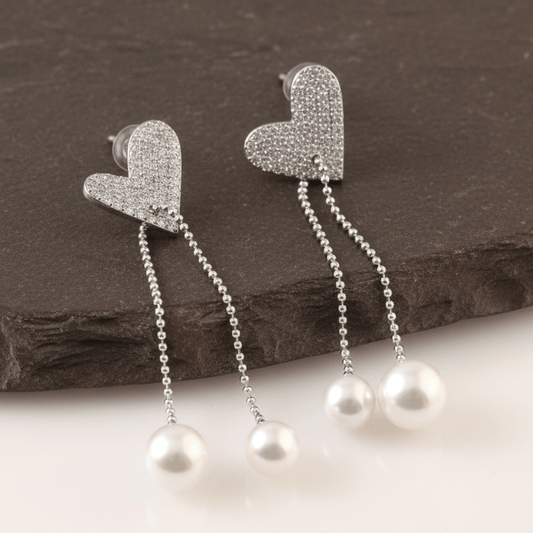 Silver Heart & Pearl Drop Earrings – Pavé CZ Studs with Dual Pearl Chains for Women - Zirak Silver