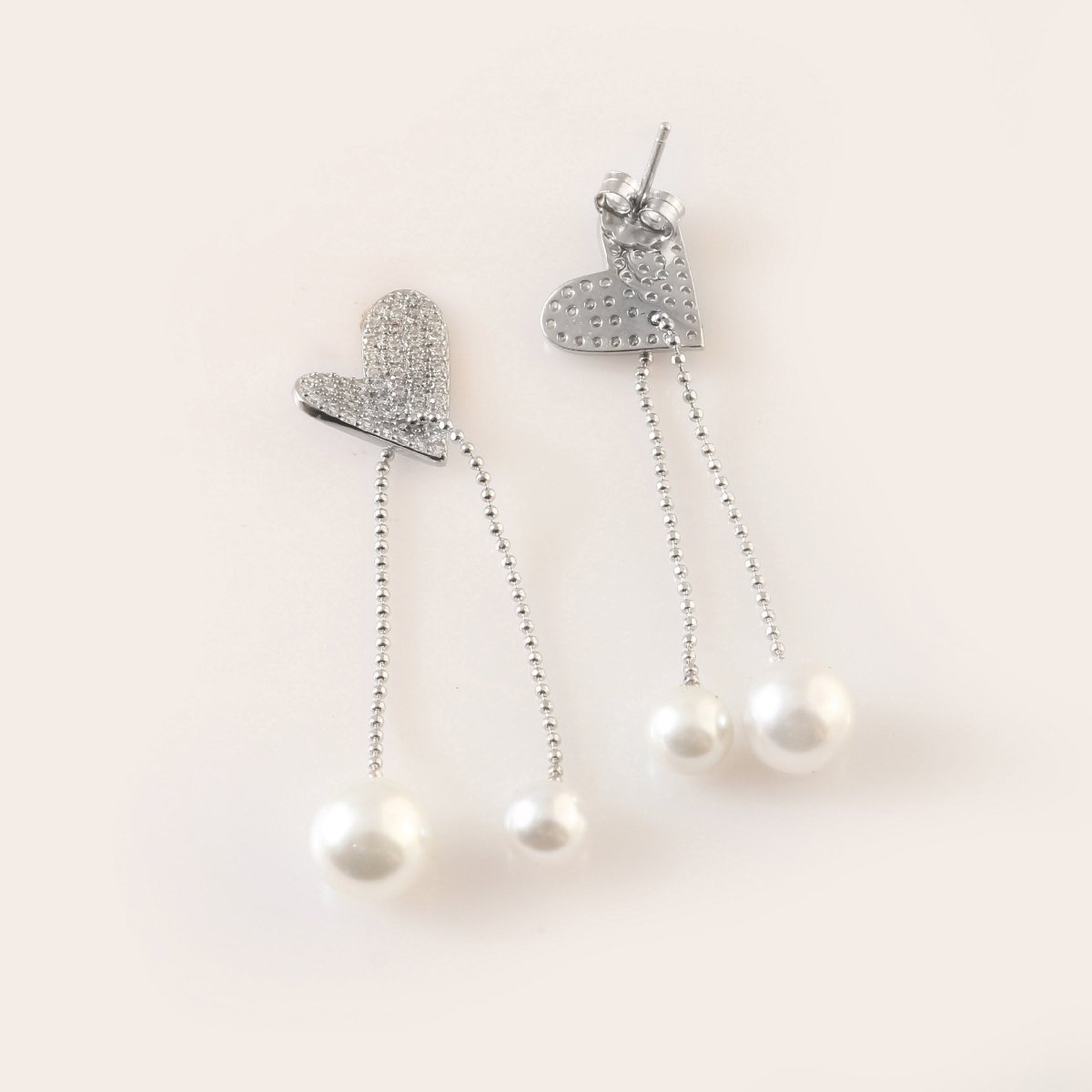 Silver Heart & Pearl Drop Earrings – Pavé CZ Studs with Dual Pearl Chains for Women - Zirak Silver