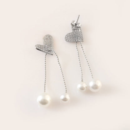 Silver Heart & Pearl Drop Earrings – Pavé CZ Studs with Dual Pearl Chains for Women - Zirak Silver