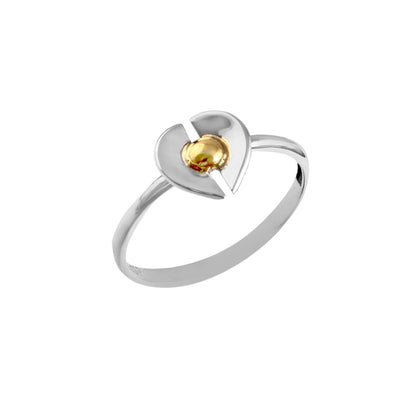 Silver Heart Ring with Golden Center – Dual Tone Designer Band - Zirak Silver
