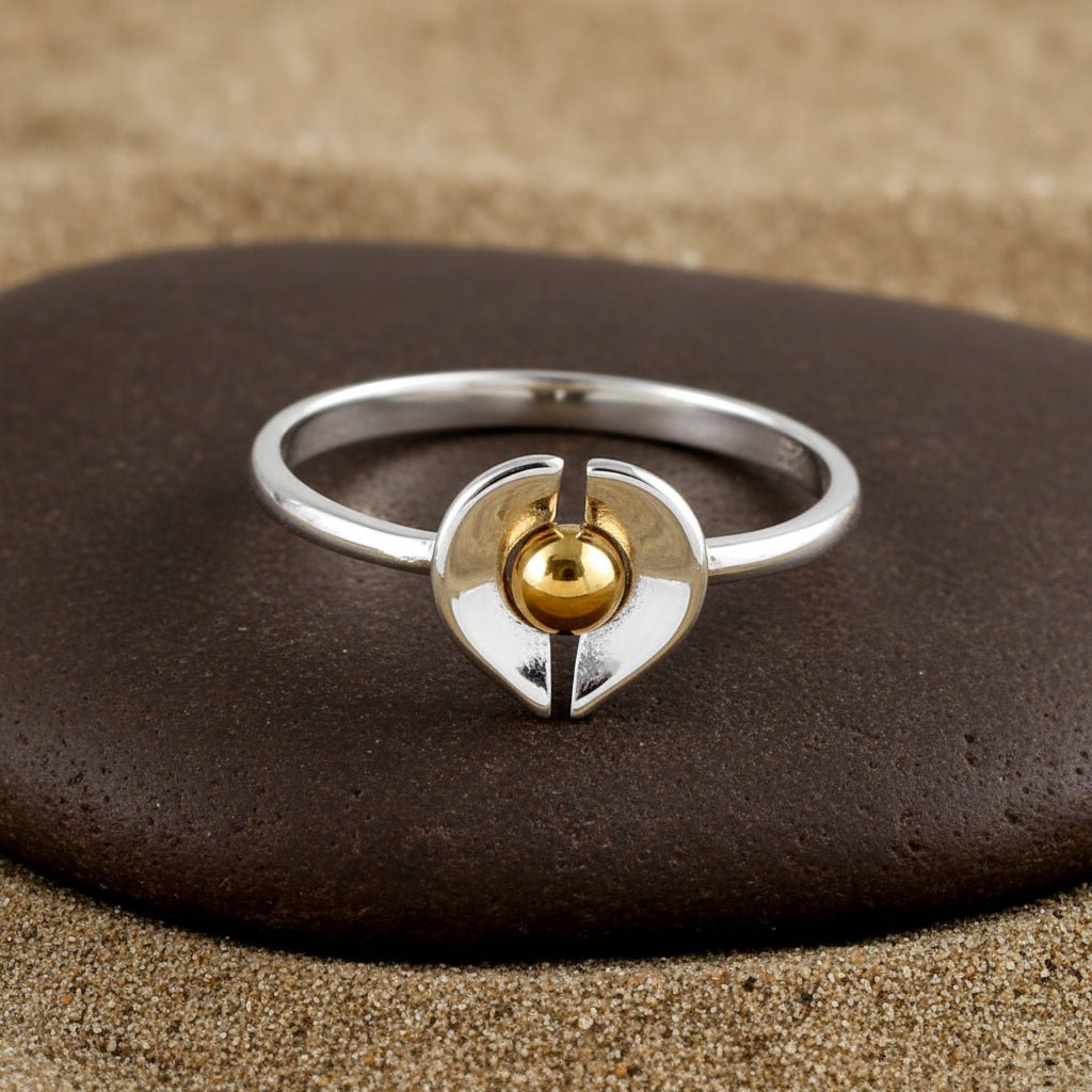 Silver Heart Ring with Golden Center – Dual Tone Designer Band - Zirak Silver