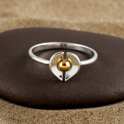 Silver Heart Ring with Golden Center – Dual Tone Designer Band - Zirak Silver
