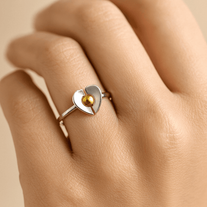 Silver Heart Ring with Golden Center – Dual Tone Designer Band - Zirak Silver