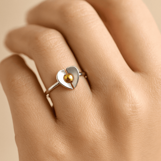 Silver Heart Ring with Golden Center – Dual Tone Designer Band - Zirak Silver