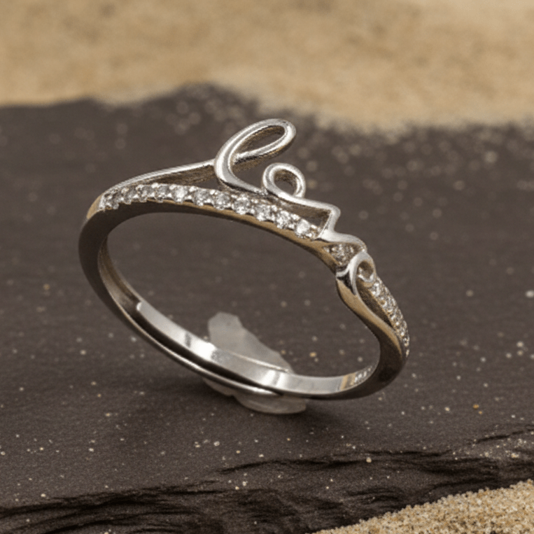 Silver Love Script Ring – Dainty CZ Letter Ring - Zirak Silver