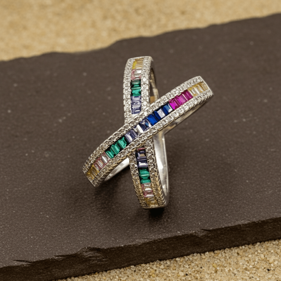Silver Multicolor Crossover Band Ring – Rainbow Baguette CZ Statement Ring - Zirak Silver