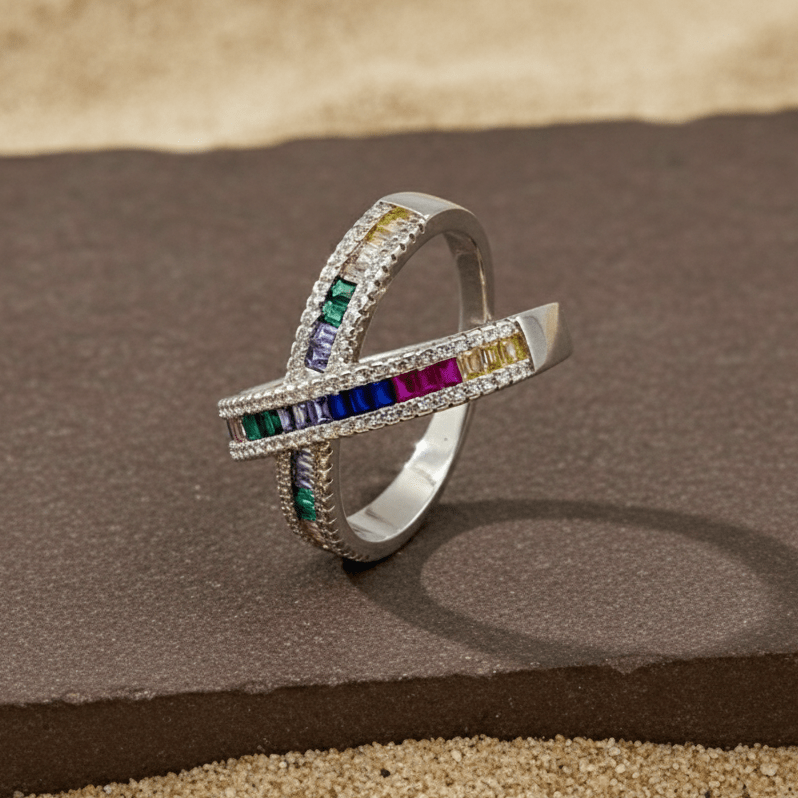 Silver Multicolor Crossover Band Ring – Rainbow Baguette CZ Statement Ring - Zirak Silver