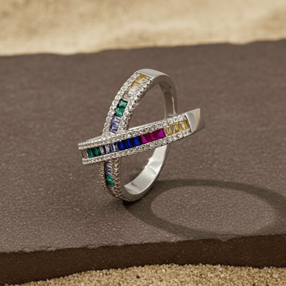 Silver Multicolor Crossover Band Ring – Rainbow Baguette CZ Statement Ring - Zirak Silver