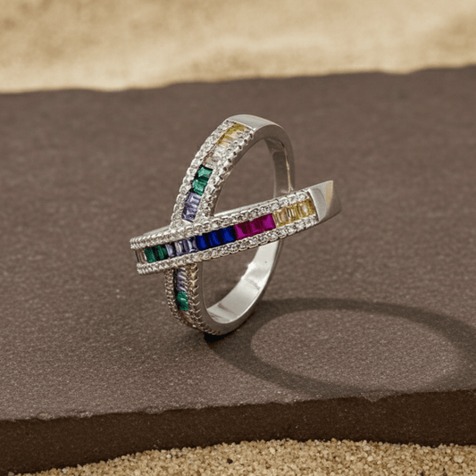 Silver Multicolor Crossover Band Ring – Rainbow Baguette CZ Statement Ring - Zirak Silver