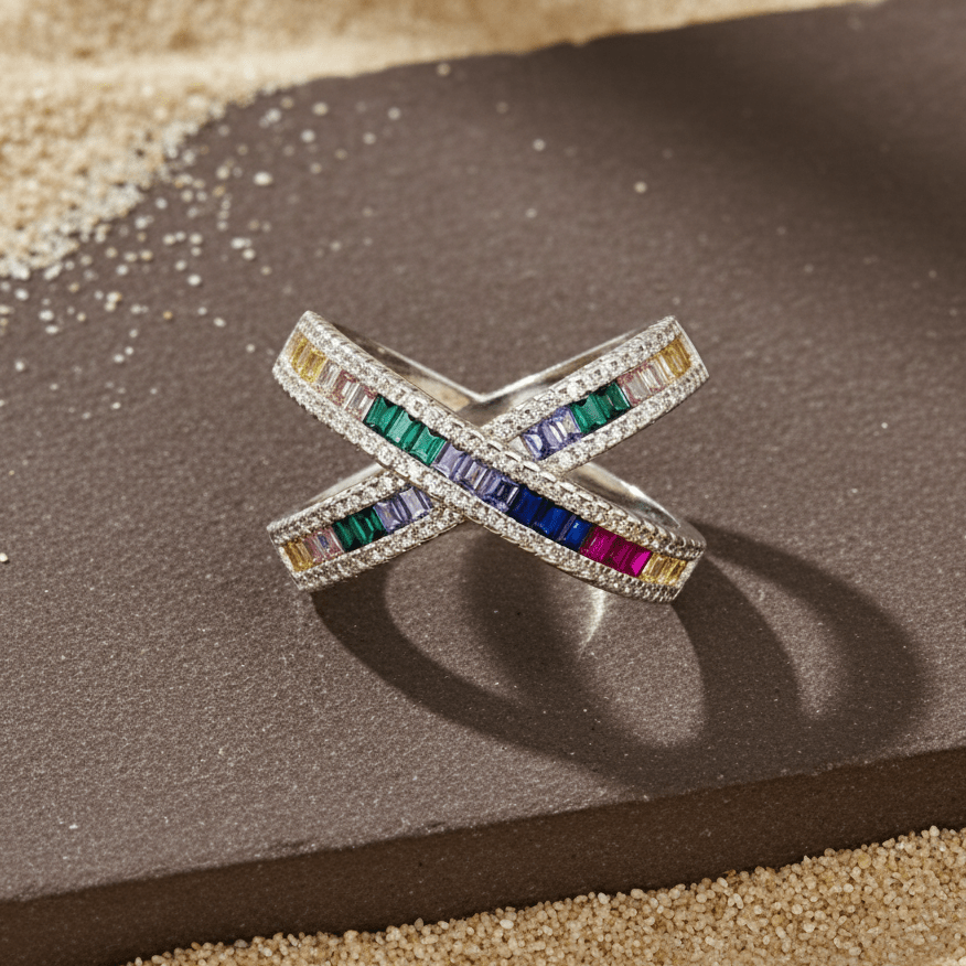 Silver Multicolor Crossover Band Ring – Rainbow Baguette CZ Statement Ring - Zirak Silver