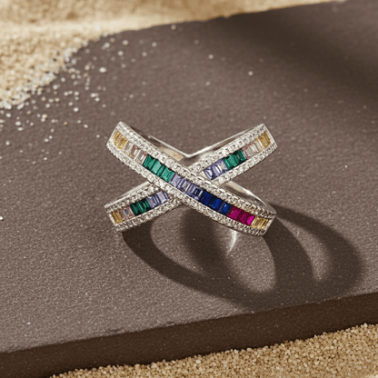 Silver Multicolor Crossover Band Ring – Rainbow Baguette CZ Statement Ring - Zirak Silver