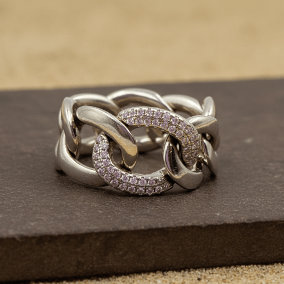 Silver Pavé Chain Link Statement Ring - Zirak Silver