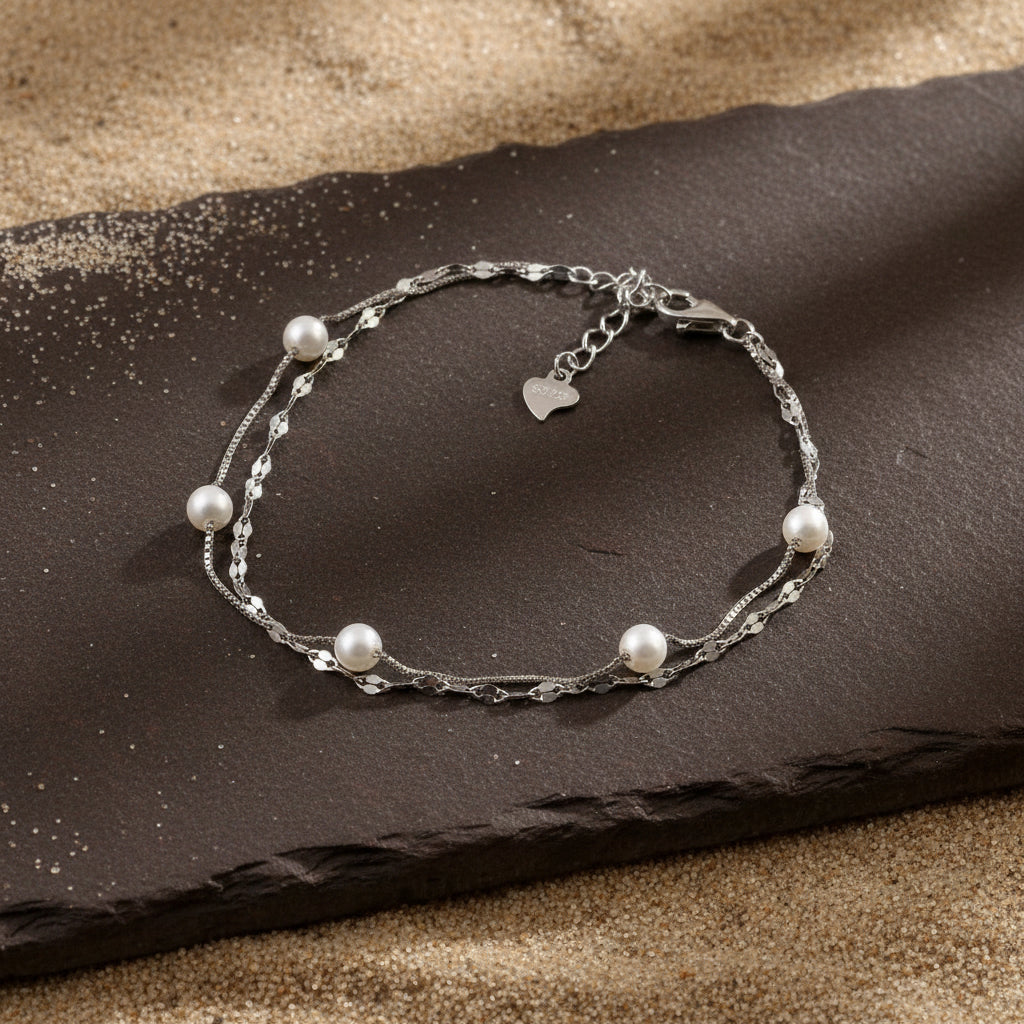 Silver Pearl Layered Bracelet | Double Chain Sterling Silver Bracelet | Elegant Jewelry for Women - Zirak Silver