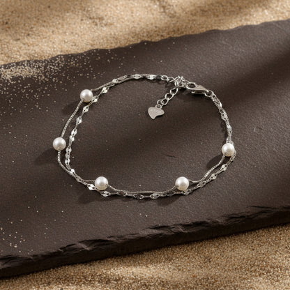 Silver Pearl Layered Bracelet | Double Chain Sterling Silver Bracelet | Elegant Jewelry for Women - Zirak Silver